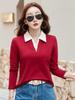 2025 Autumn Color Block Polo T-Shirt for Women: Long-Sleeved, Fake Two-Piece Design for Middle-Aged Mothers