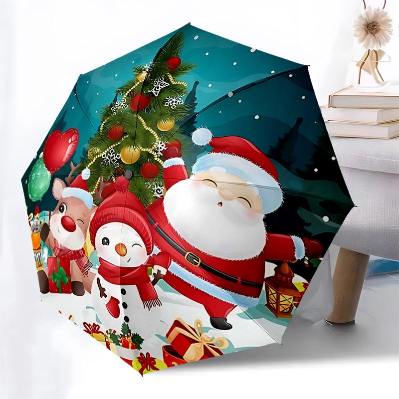 

1pc Christmas Santa Claus Snowman Deer Balloons Presents Lanterns Automatic Folding Umbrella, Portable 3-Fold Design, 8 Bone Iron Frame, Outdoor Umbre