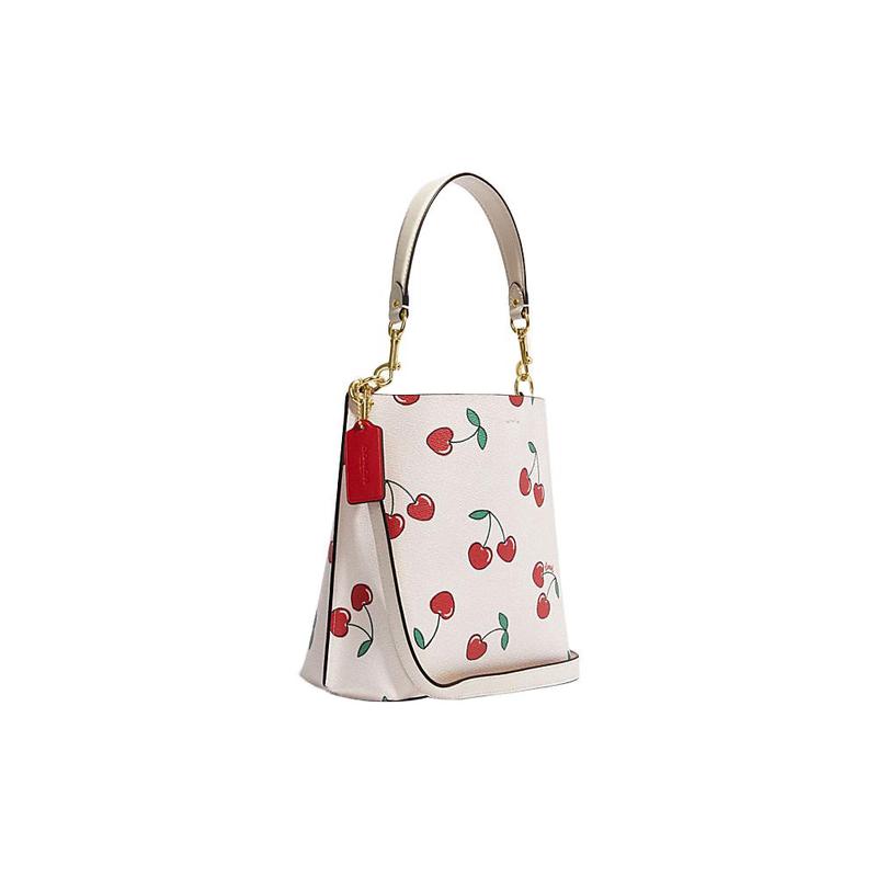 Coach Mollie Buckle Closure Heart Cherry Print Artificial Leather Bucket Bag Handbag Shoulder Bag Crossbody Bag 21 Women's White