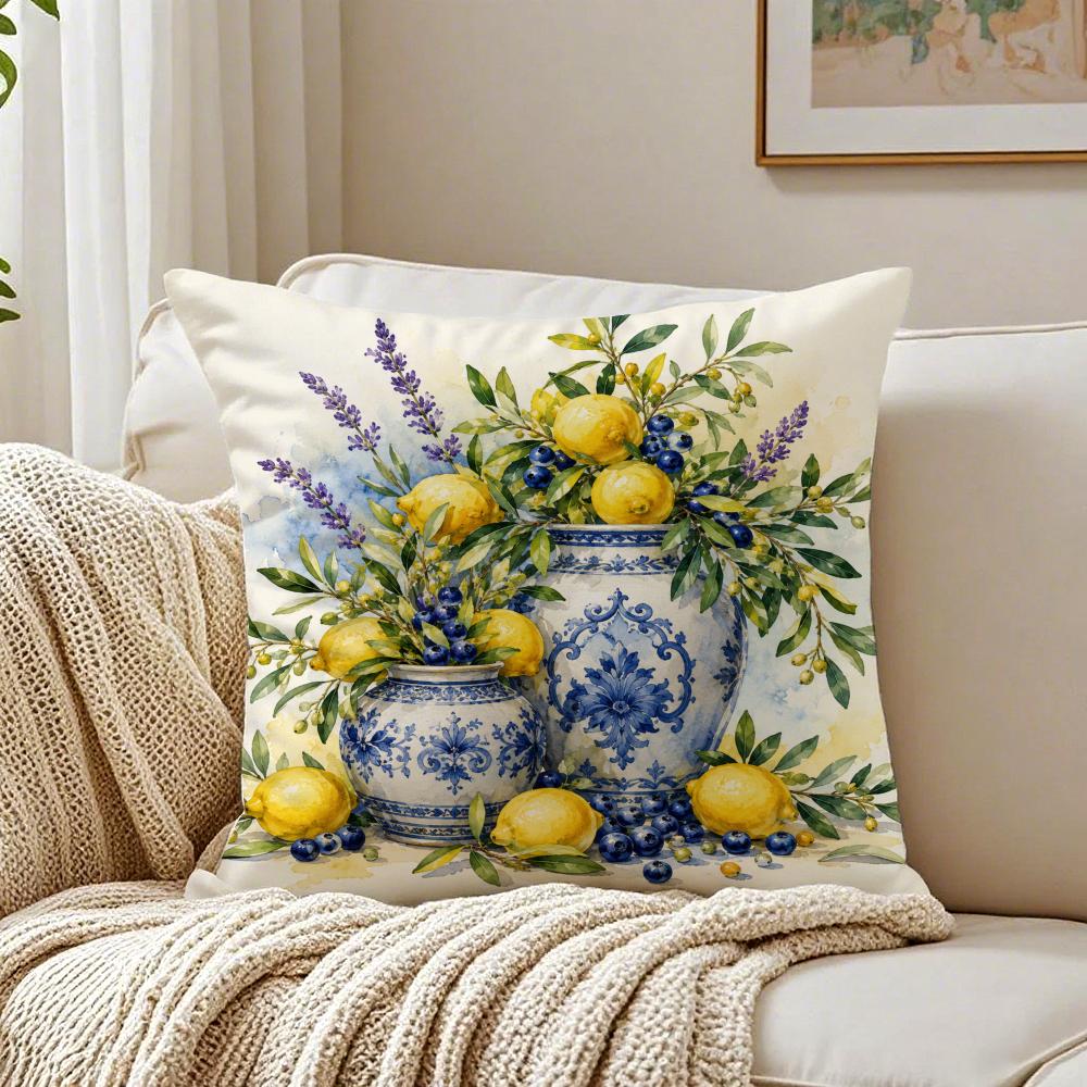 Porcelain Fruits Summer Cushion Cover Double-Sided Plush Sofa Cushion Covers Organic Breathable Invisible Zipper
