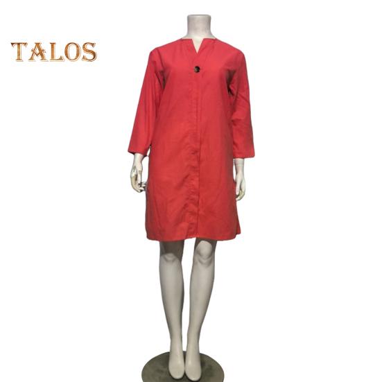 Robe mi-longue ample à col en V et manches trois-quarts pour femme, couleur unie, ourlet fendu, boutons décoratifs, tenue quotidienne décontractée