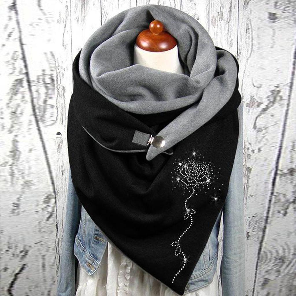 Women Cotton Print Horse Note Rose Star Warm Button Turban Scarf