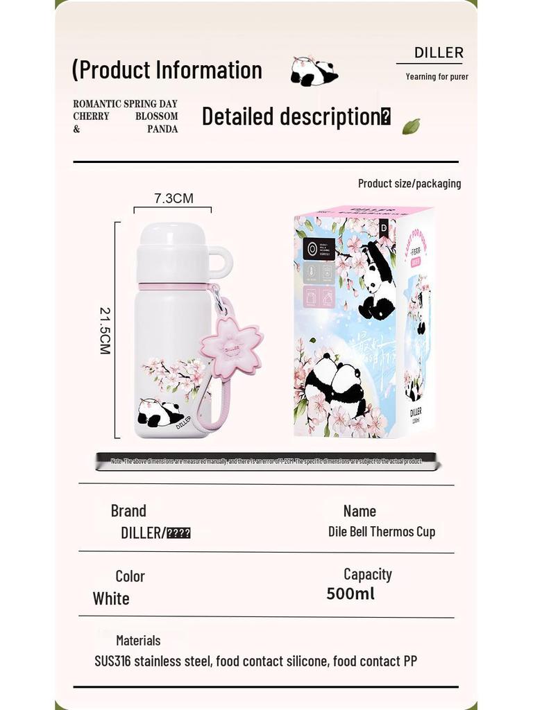 Sakura Panda 2024 Insulated Water Bottle with Lid - Large Capacity for School, Mini Cup for Girls