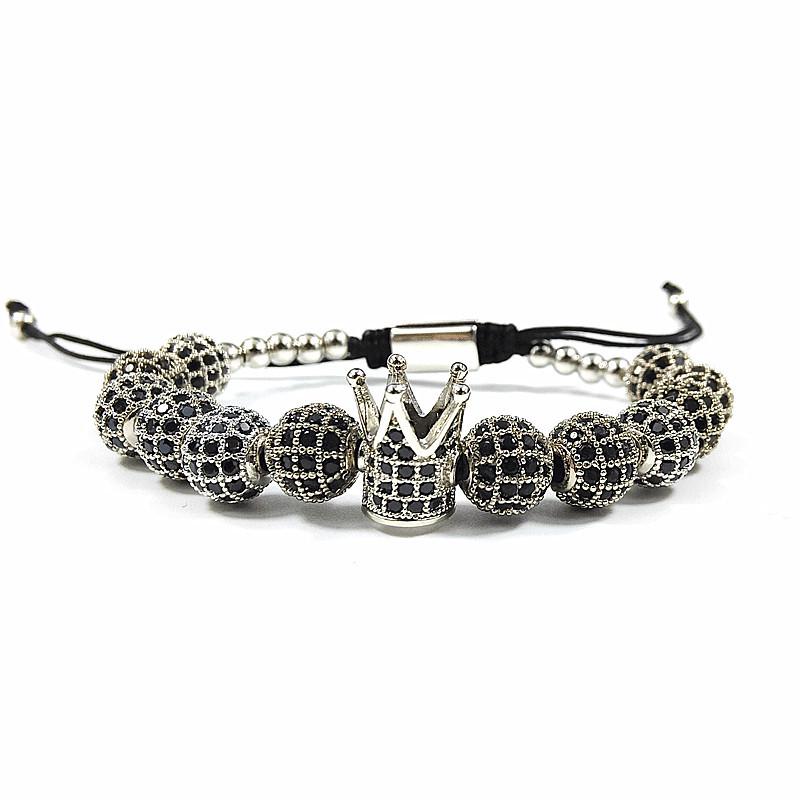 European & American Style 8mm CZ Zirconia Diamond Ball Crown Woven Beaded Bracelet for Men & Women, Punk Style