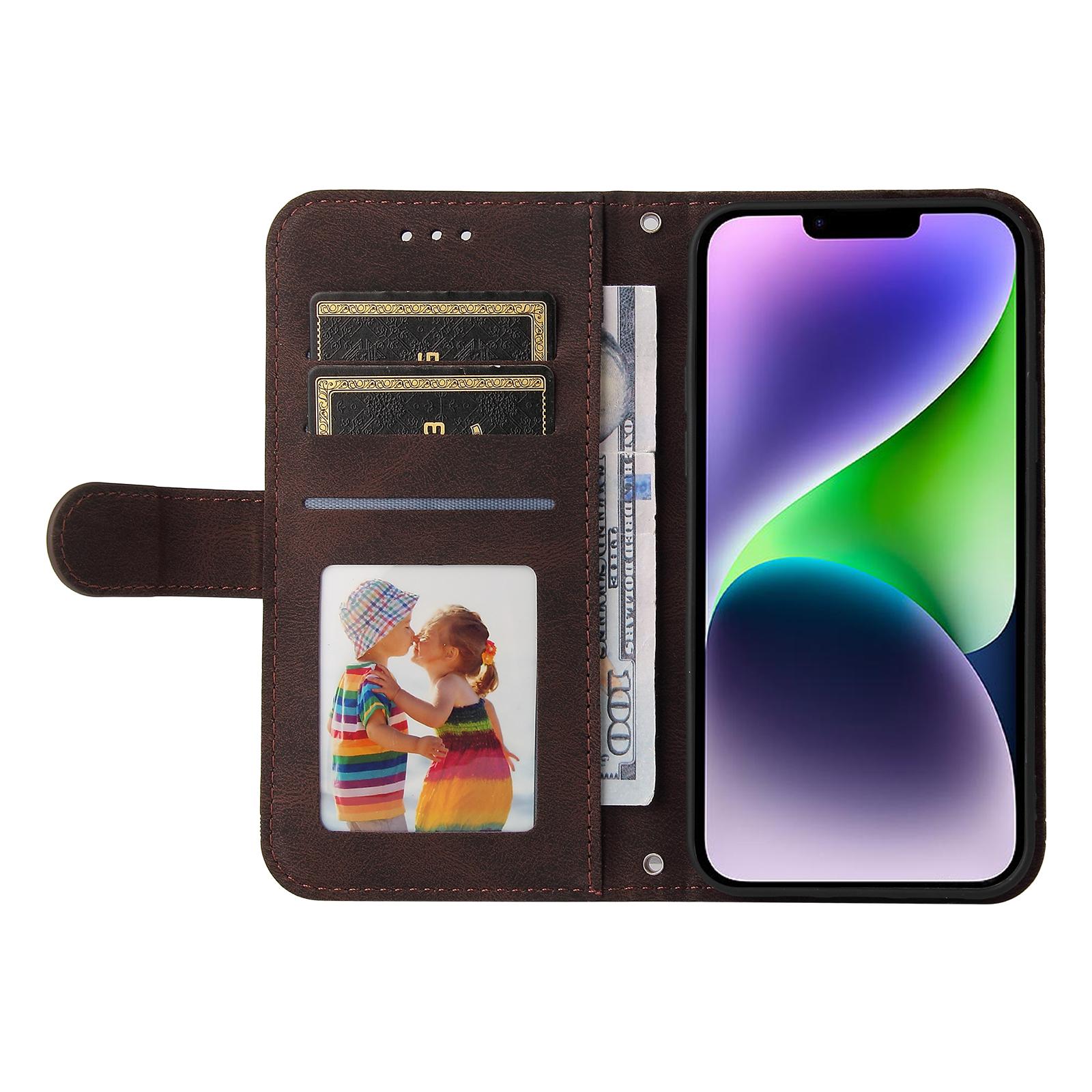 

For iPhone 15 Leather Wallet Cases Skin Touch Phone Cover Stand with Strap Brown