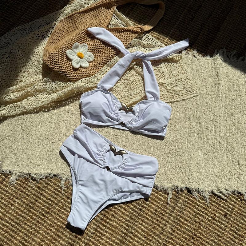 

Metal Heart Ring Solid White Swimwear Sexy Halter Push Up Bikini High Waisted Swimsuit Women Bathing Suit Bikinis Sets L белый