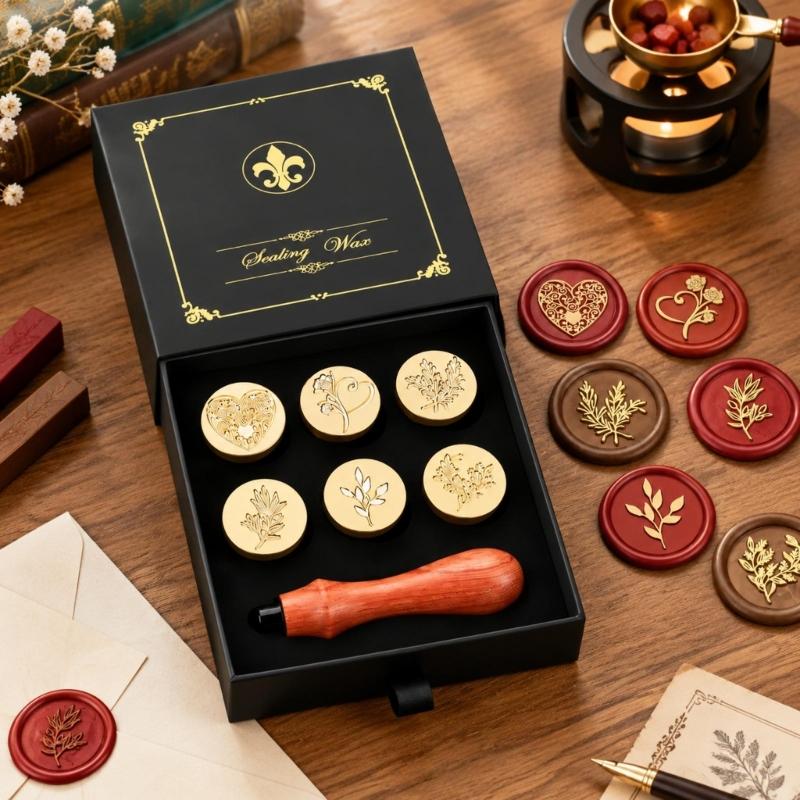 Decorative Wax Seal Stamp with Metal Components and 6 Round Design Disks for Gift Wrapping, Journaling, and Scrapbooks