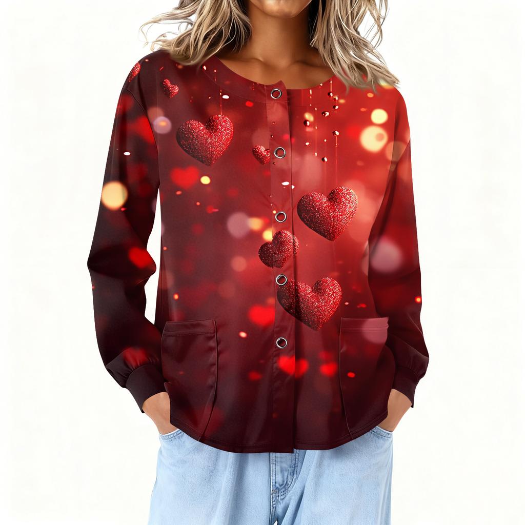 Women Long Sleeve Printed Pocket Working Stand Collar Single-breasted Protective Overalls Cardigan Jacket Top