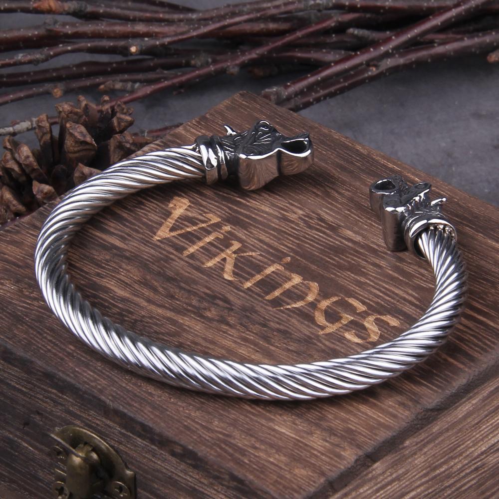 Adjustable Stainless Steel Viking Bear Bracelet for Men with Norse Wooden Box Nordic Wristband