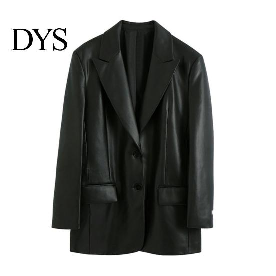 Simple Faux Leather Jacket Women Medium Length Suit Coat Solid Color Lapel Autumn Spring Single-Breasted for Daily Work Parties Dates Single-breasted