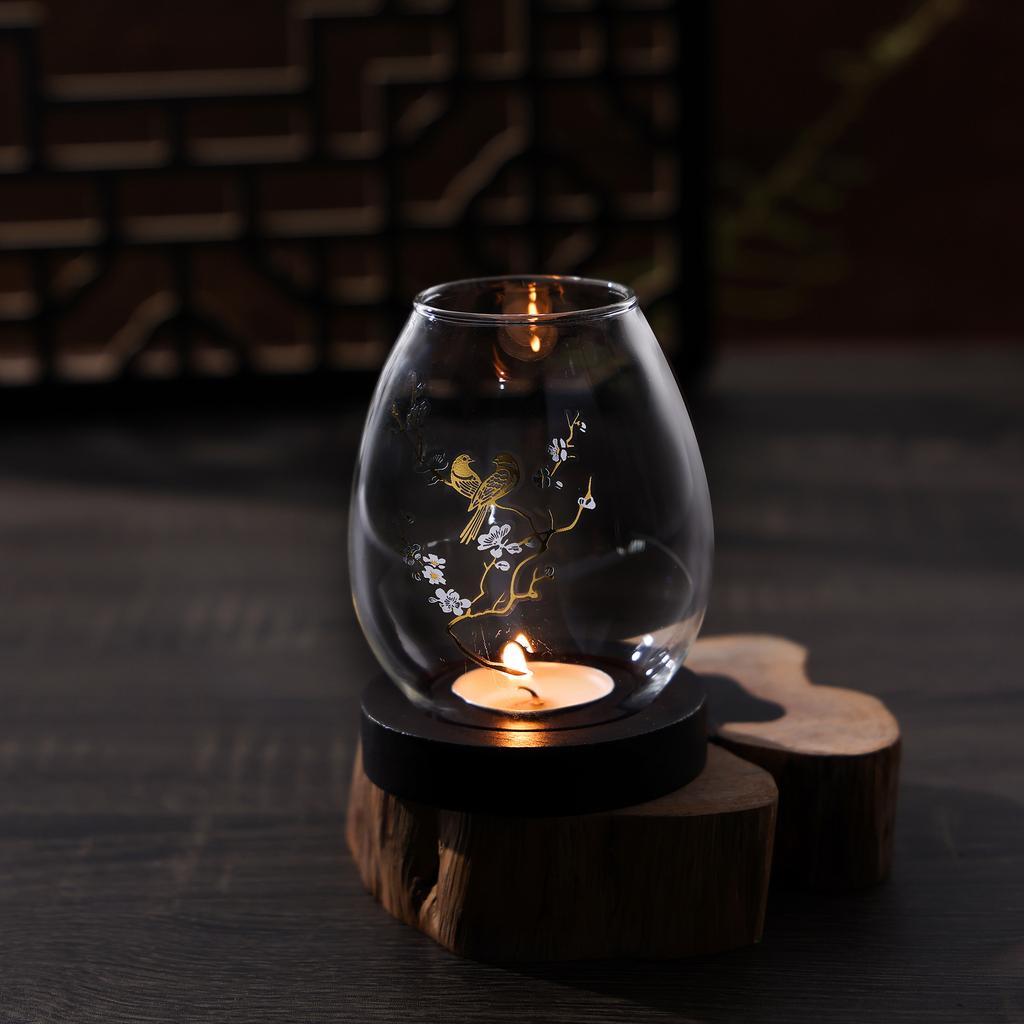 Evropský Retro Styl Průhledný Skleněný Svícen Dřevěný Podstavec Domácí Větruodolný Šálek na Svíčku Zrcadlový Stolík Ložnice Obývací Pokoj Dekorace