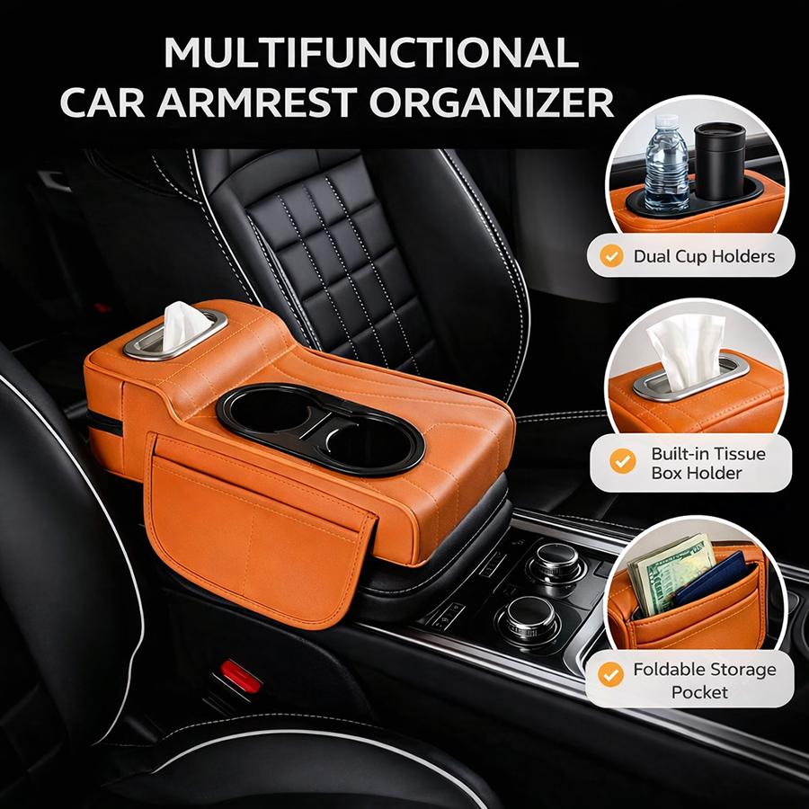 Car Center Console Armrest Box Cushion Pad with Dual Cup Holder Tissue Box Storage Organizer Accessories