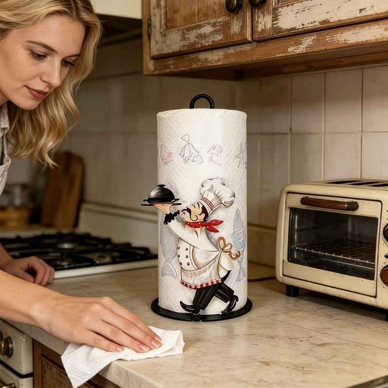 Stojak na ręczniki papierowe z postacią Cook do blatu kuchennego, wolnostojący stojak na rolkę chusteczek z okrągłą podstawą i konstrukcją z akrylu, drewna i metalu do użytku na stole