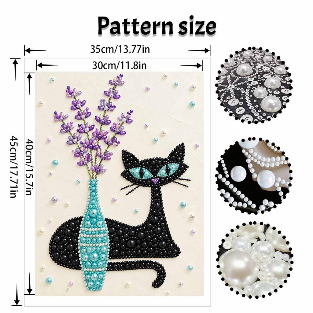 Black Cat and Lavender Vase Pearl and Diamond Painting Art Kit DIY Gemstone Beading Craft Kit Home Wall Decoration