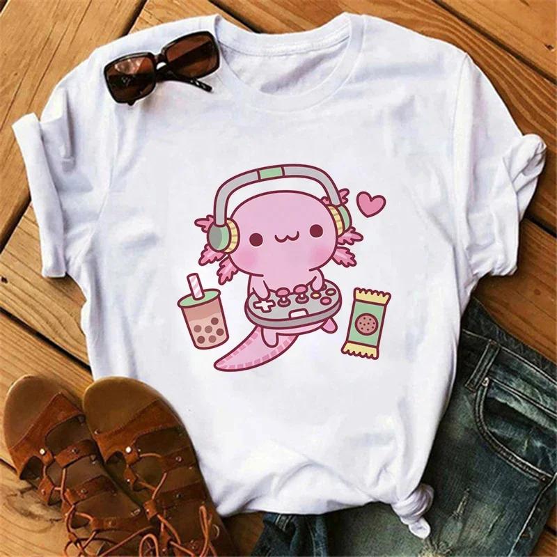 NEW Cute Axolotl Drinking Bubble Tea Printed Kids Tshirt Summer Pure Cotton Shortsleeved Casual Tops for Boys and Girls