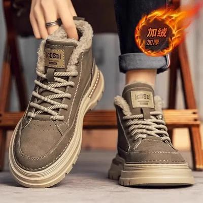 Shoes Men British Retro Mid-top Warm Cotton Shoes Men's Casual Work Shoes Trend Low-top Snow Boots Leather Footwear Sneakers