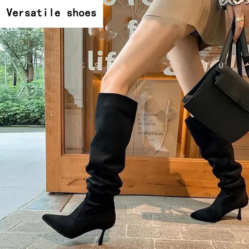 Vintage Pleated Women Knee High Boots Fashion Pointed Toe High Heels Shoes Autumn Winter Ladies Sexy Long Botas De Mujer
