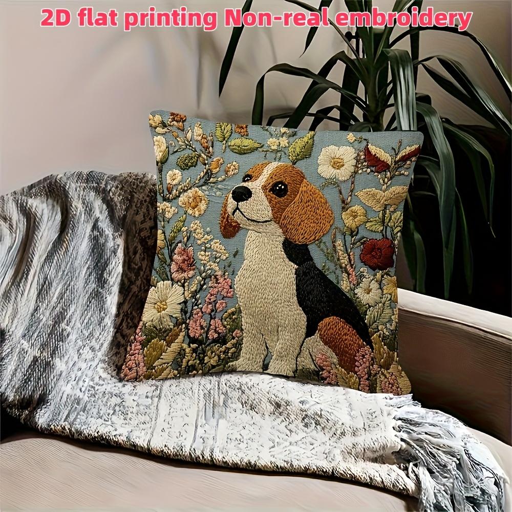 2D flach - Vintage Beagle Hund Blumig Überwurf Kissenbezug 2D Flach Gedruckt Gemütlich Wohnkultur Kissenhülle für Sofa Schlafzimmer Wohnzimmer