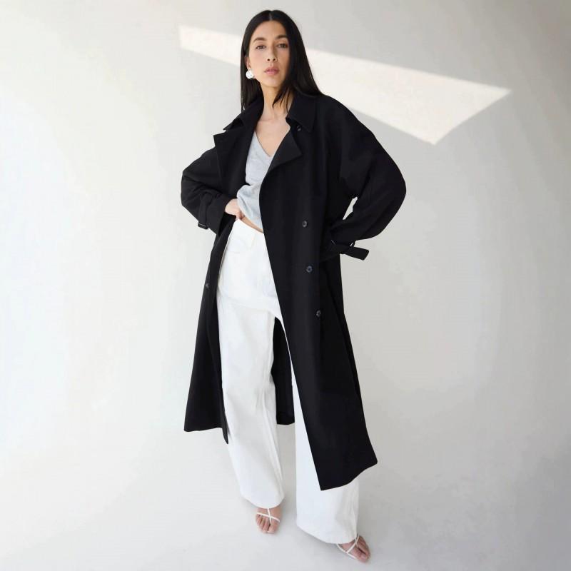 Doppelreihiger Trenchcoat für Damen mit Stehkragen, Taillengürtel, lockerer Passform, langer Länge, übergroße Oberbekleidung in einfarbigen Farben