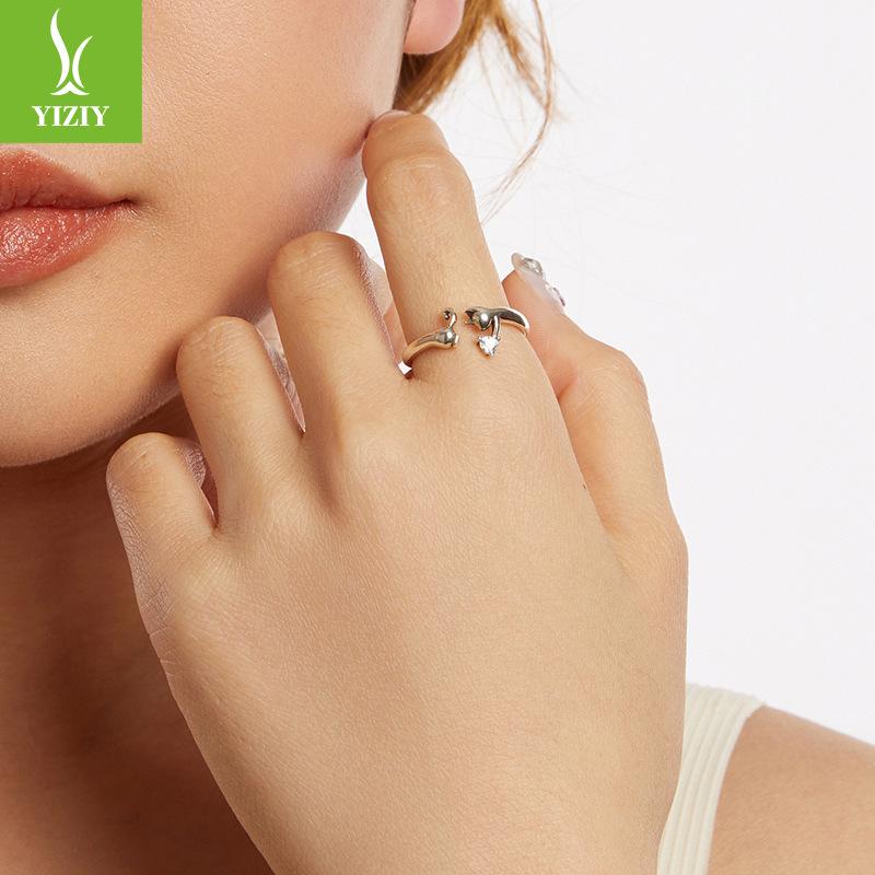 Kitten Open Ring For Women Does Not Fade Niche Design S925 Sterling Silver Animal Ring