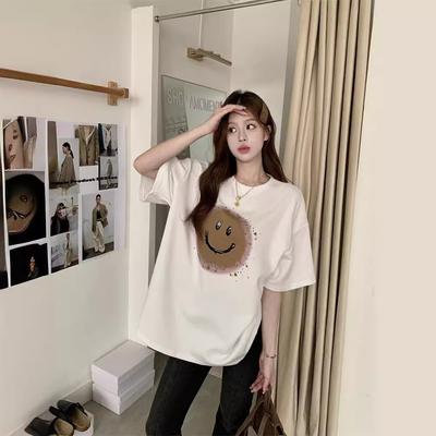 2025 Spring and Summer Cartoon Smiley Face Print Versatile Loose Cotton Short-sleeved T-shirt Women's Medium and Long Lazy Half-sleeved T-shirt
