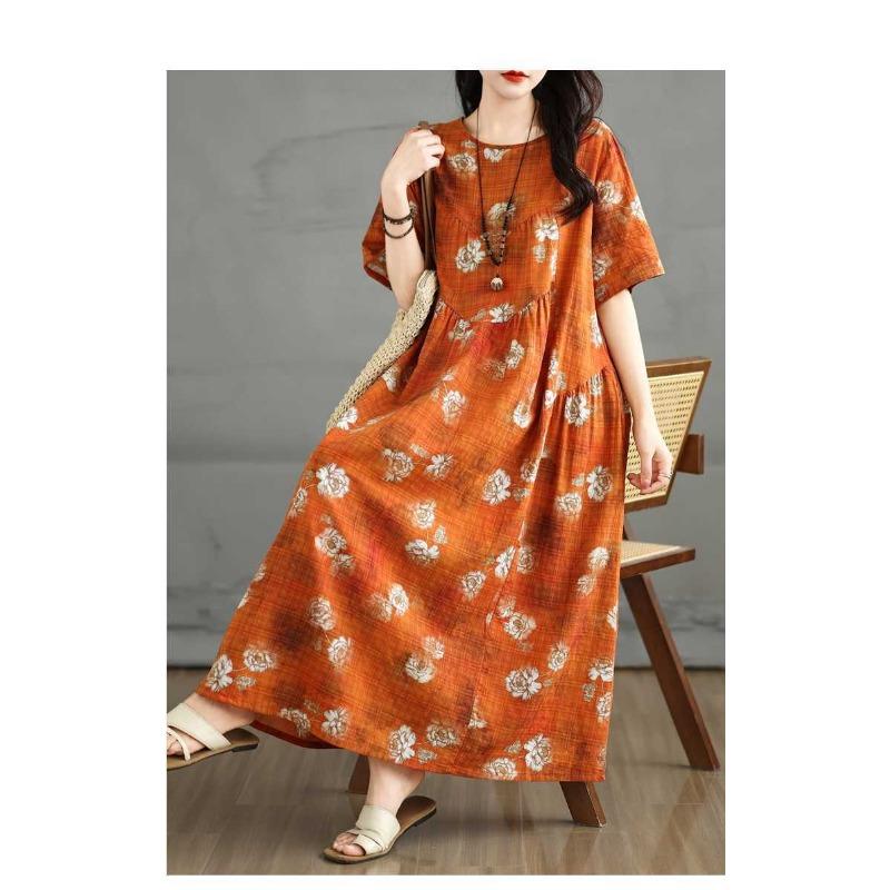 Summer Retro Cotton and Linen Round Neck Short Sleeved Dress, Women's Loose Letter Skirt