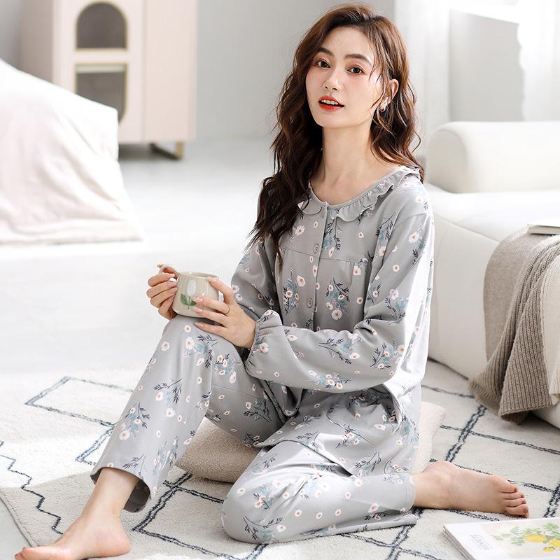 Pajamas Women'S Autumn Pure Cotton Long-Sleeved Crew Neck Cardigan Loungewear Medium Cotton Spring And Autumn Can Be Worn Outside Loungewear