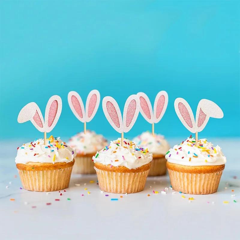 12/24pcs Glitter Bunny Ears Cupcake Toppers Easter Rabbit Theme Happy Birthday Cupcake Picks for Bunny Happy Easter Decorations