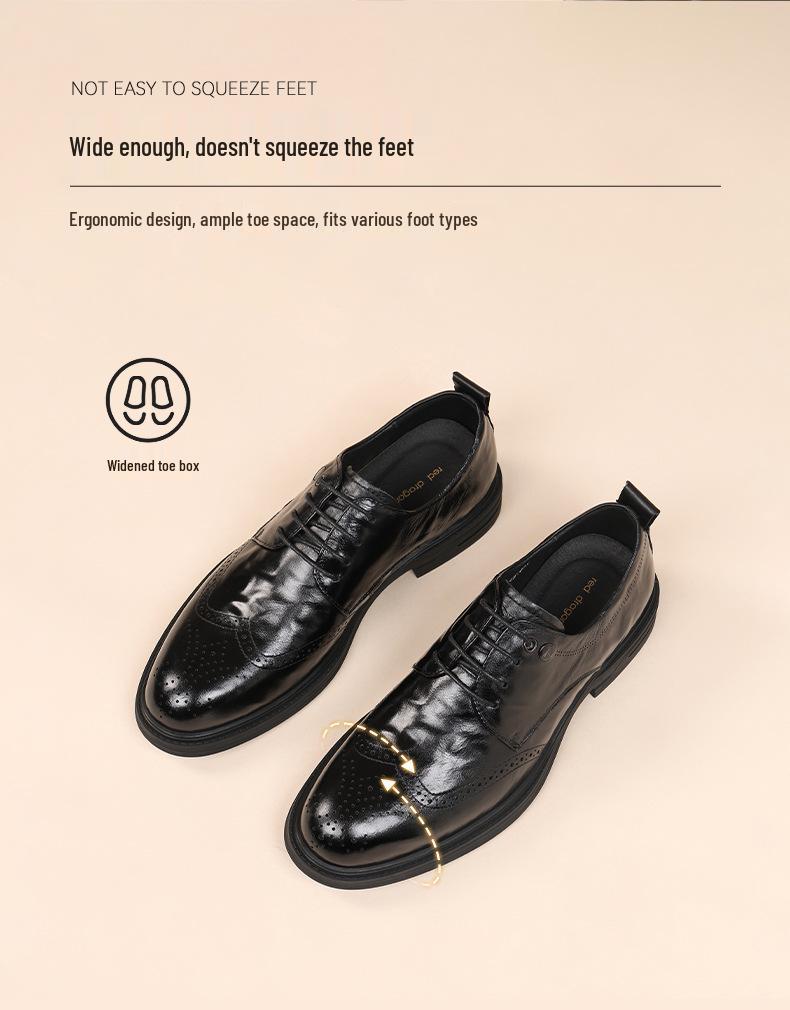 2026 Red Dragonfly Men's Brogue Leather Formal Shoes with Velvet, Genuine Leather, Perforated Design, Ideal for Weddings and Business.