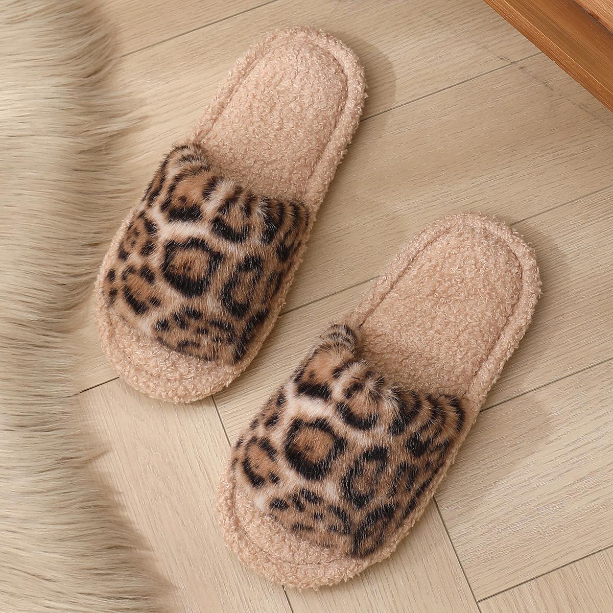 

New season leopard print fluffy cotton slippers flat bottom women s fashion home fluffy slippers 42-43