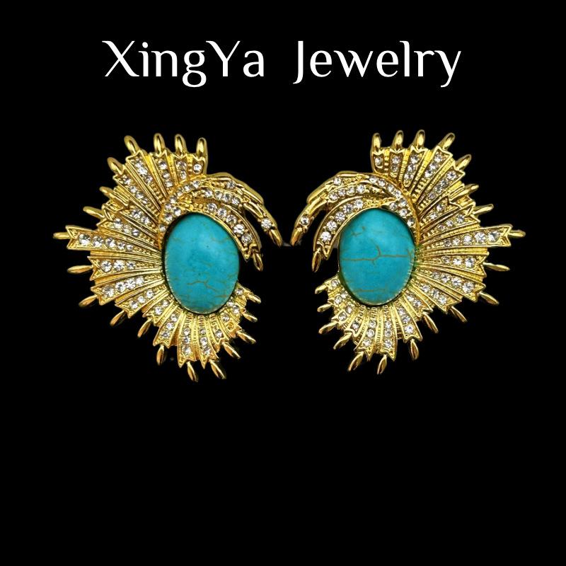 Vintage Heavy Industries Fully Inlaid Irregular High-end Design Geometric Elliptical Temperament Versatile Earrings 925 бирюзовый