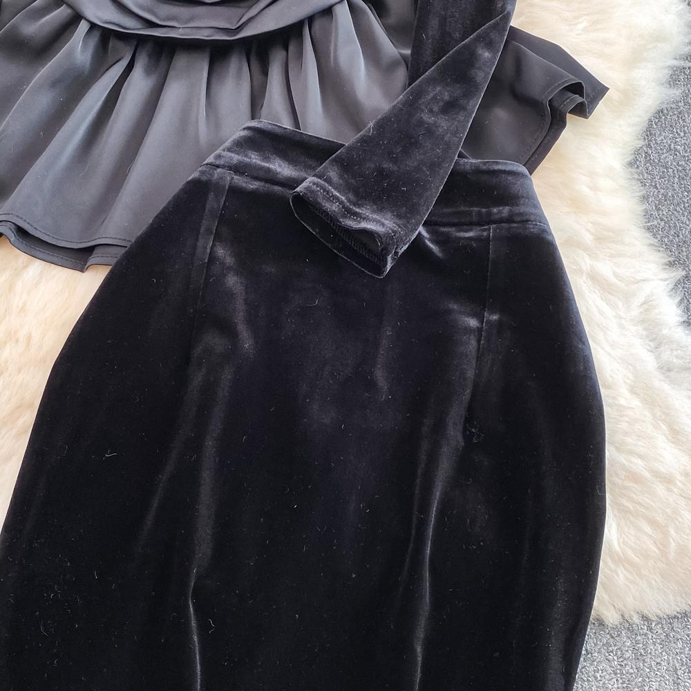 Sweet Casual Two Piece Set Women Ruffles Patchwork Shirts Solid Color High Waist Skirts Suits Autumn Winter Fashion Party Sets