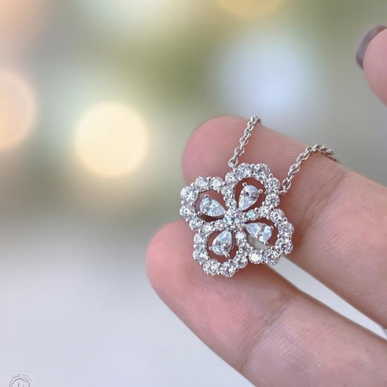 925 Sterling Silver Four-Leaf Clover Diamond Necklace - Women's Luxury Fashion