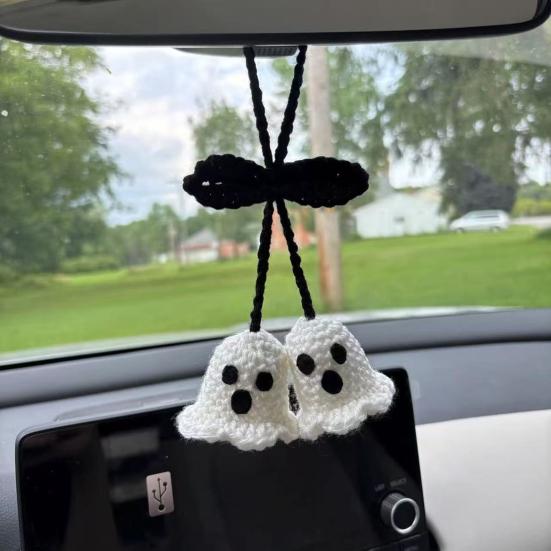 1 Pair Ghost Pendants Crochet Car Mirror Hanging Accessories with Lanyard Easy To Hang Ornament Halloween Decor