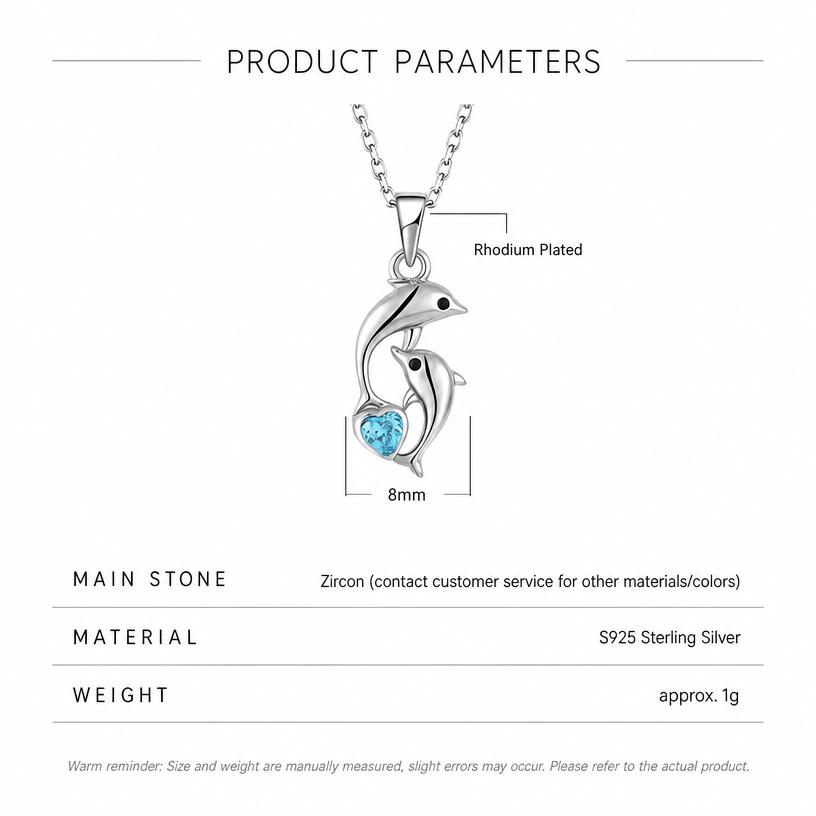 S925 Sterling Silver Vintage Twin Dolphin Heart Shaped Blue ZIRCON Charms Pendant Dainty Thin Chain Women Beach Vacation Gift