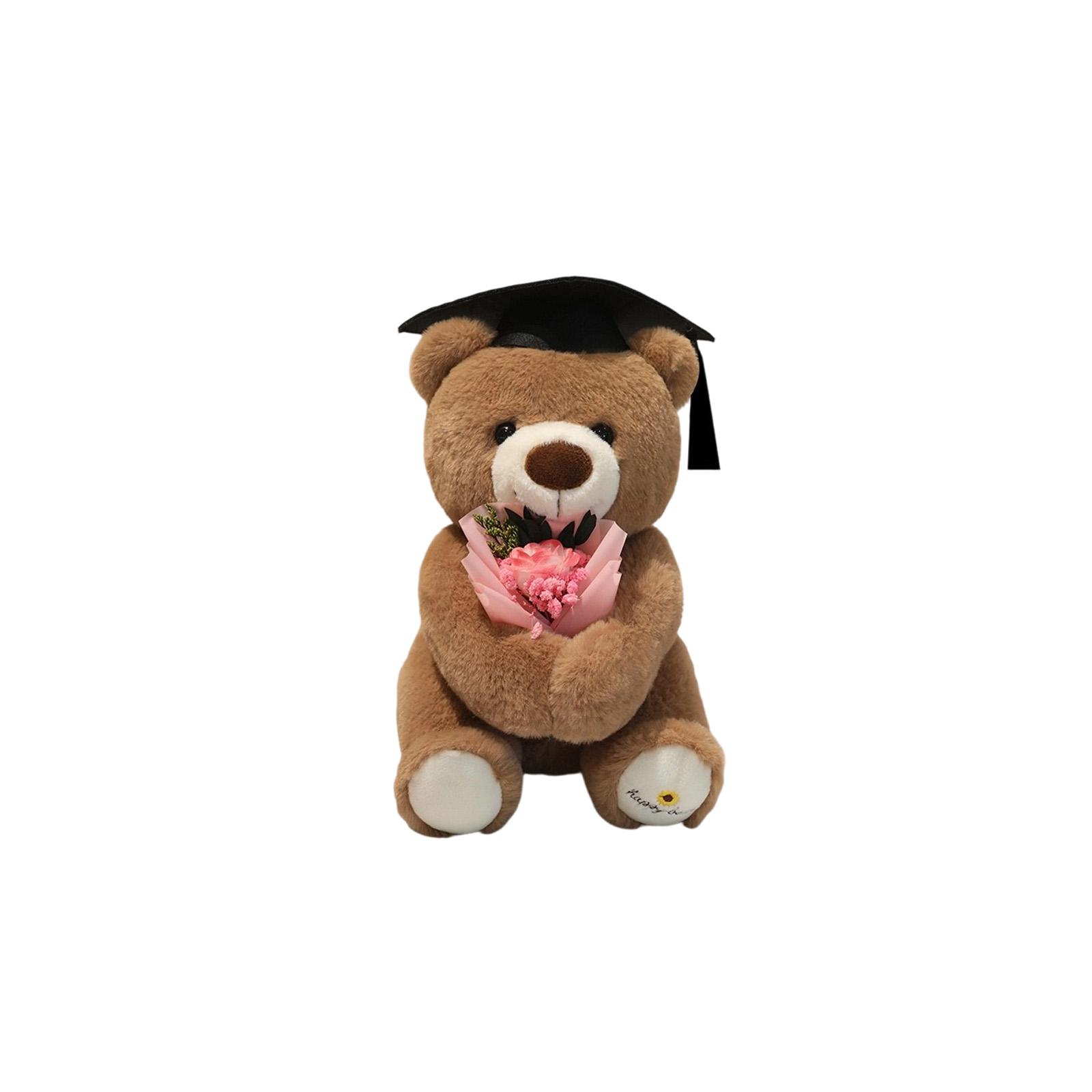 

Plush Teddy Bear Soft Stuffed Animal Toy Graduation Cap Holding Bouquet Decorative Gift for Kids and Adults One Size