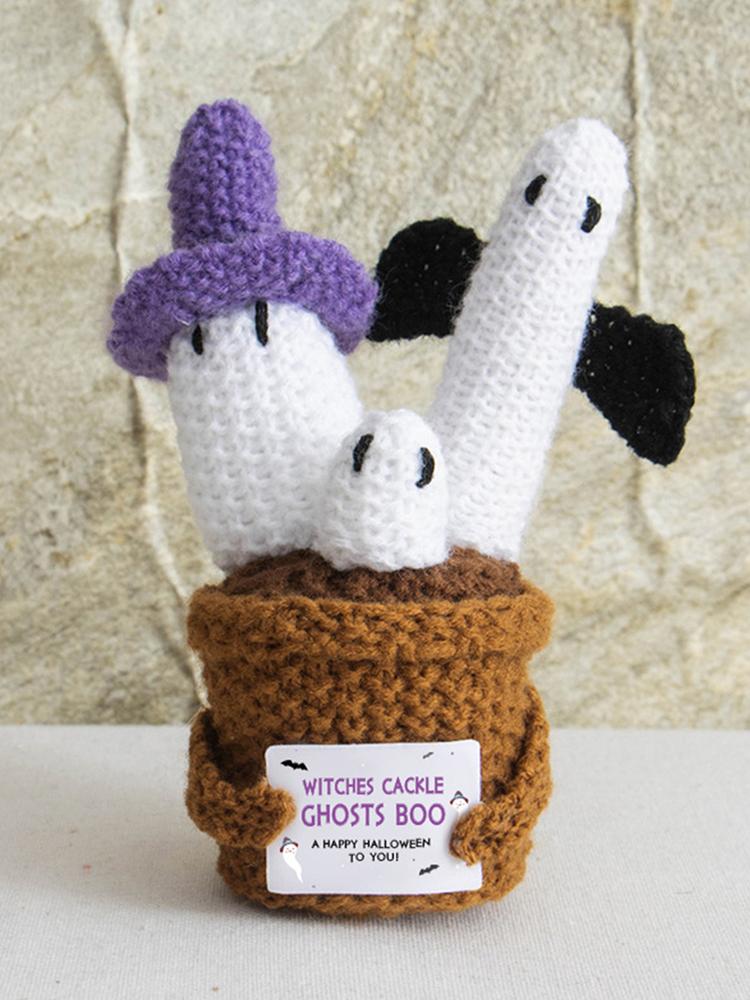 Halloween Knitted Wool Ornaments with Card Crochet Potted Card Doll Ghost Plant Doll for Office Desktop Home Horror Decor