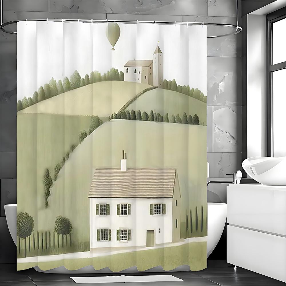 Green Lawn Tree House Shower Curtain, Bathroom Decorative Shower Curtain, Waterproof Shower Curtain with Hooks