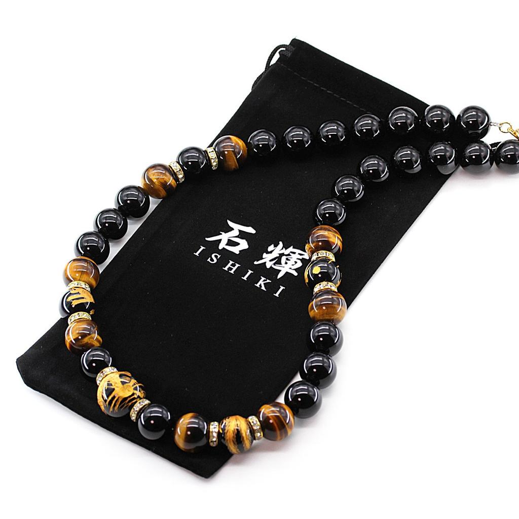 Ishiki 4A Gold Carved Dragon Onyx 20mm Necklace with Natural Tiger Eye Stones (16mm) Good luck with money, career, and wealth. Includes original