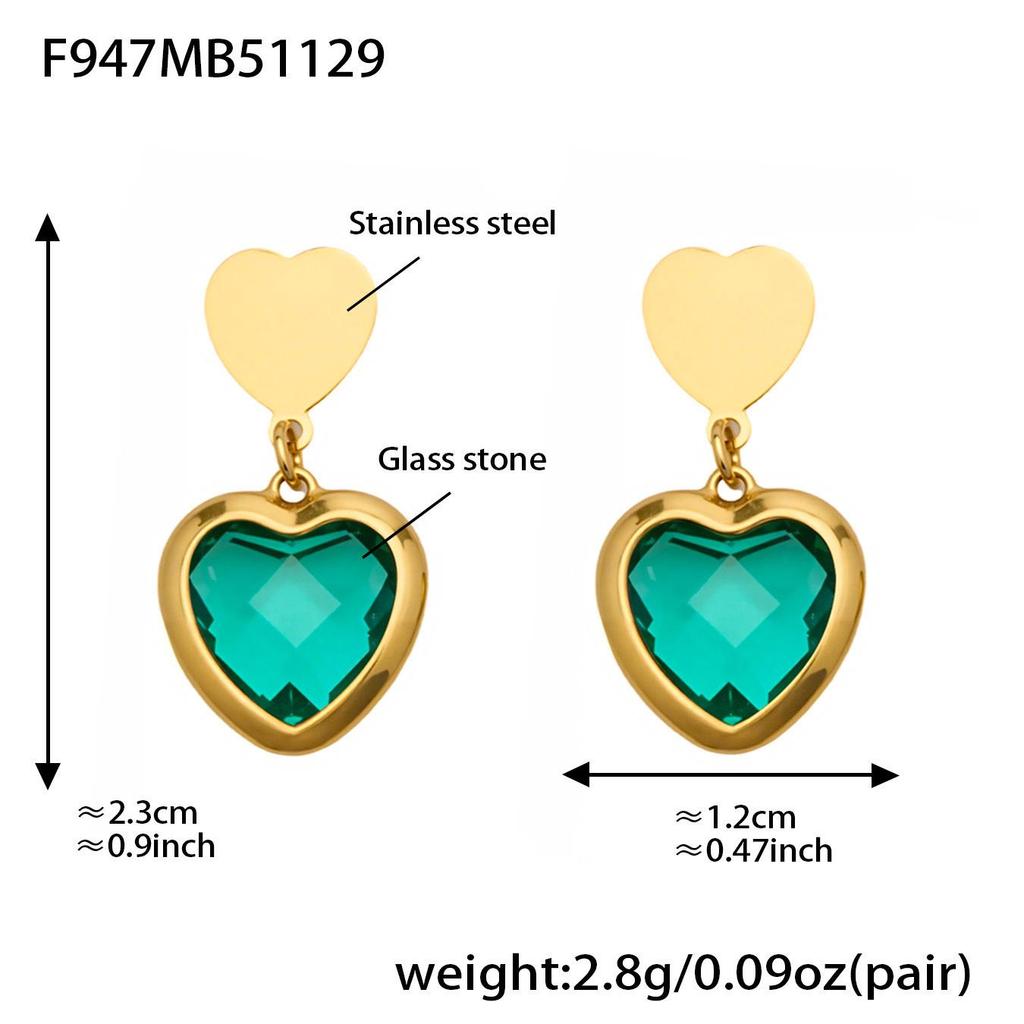 Colorful Heart Glass Stone Tassel Earrings & 18K Gold Plated Stainless Steel Necklace