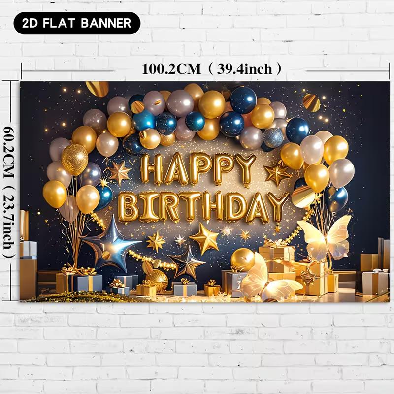 

2D Navy Blue Gold Glitter Birthday Backdrop Banner Happy Birthday Party Photo Booth Background 47.2x31.5inch/120*80cm