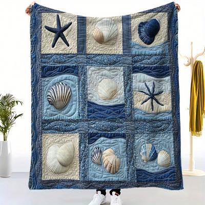 [1 Stück Vintage Decke] Gemütliche Vintage Maritime 1 Stück Seestern und Muschel Patchwork Flanelldecke | Weicher Polyester Strickstoff