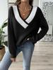 Women's Color Block Patchwork Deep V-Neck Loose Sweater - Long Sleeve Pullover for Autumn/Winter