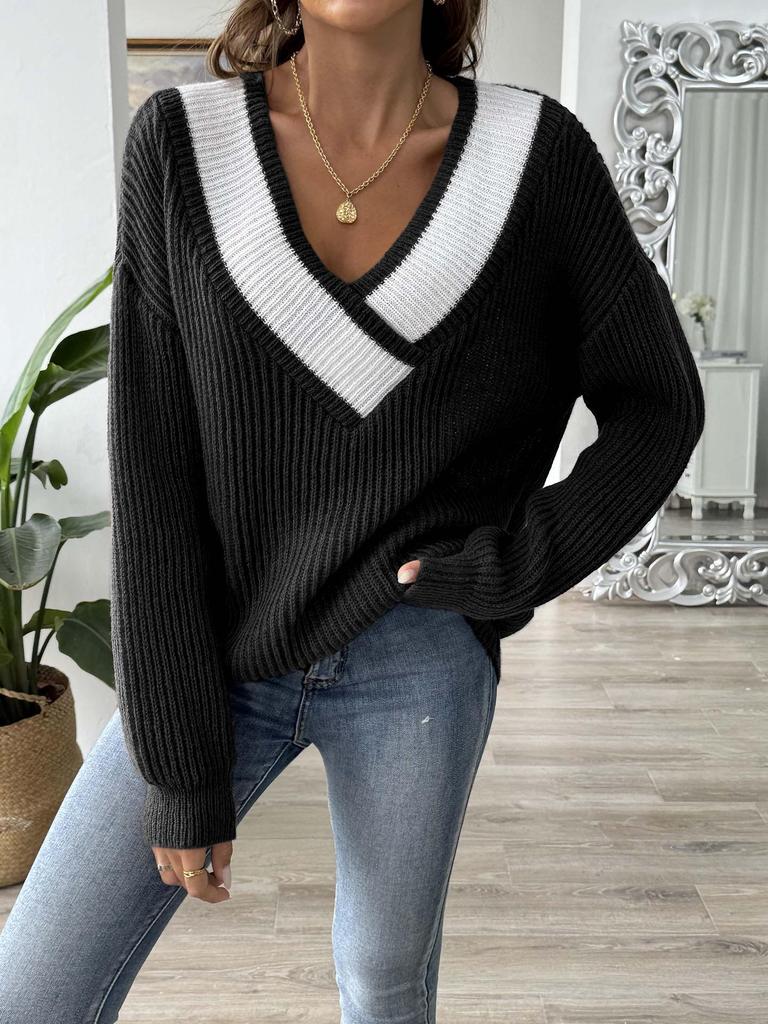 Women's Color Block Patchwork Deep V-Neck Loose Sweater - Long Sleeve Pullover for Autumn/Winter