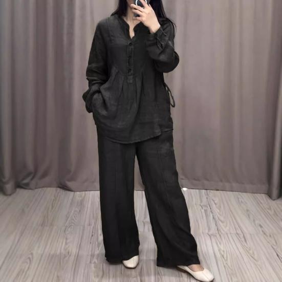 2 Pcs/Set Women Top Pants Suit Round Neck Half Single-breasted Long Sleeves