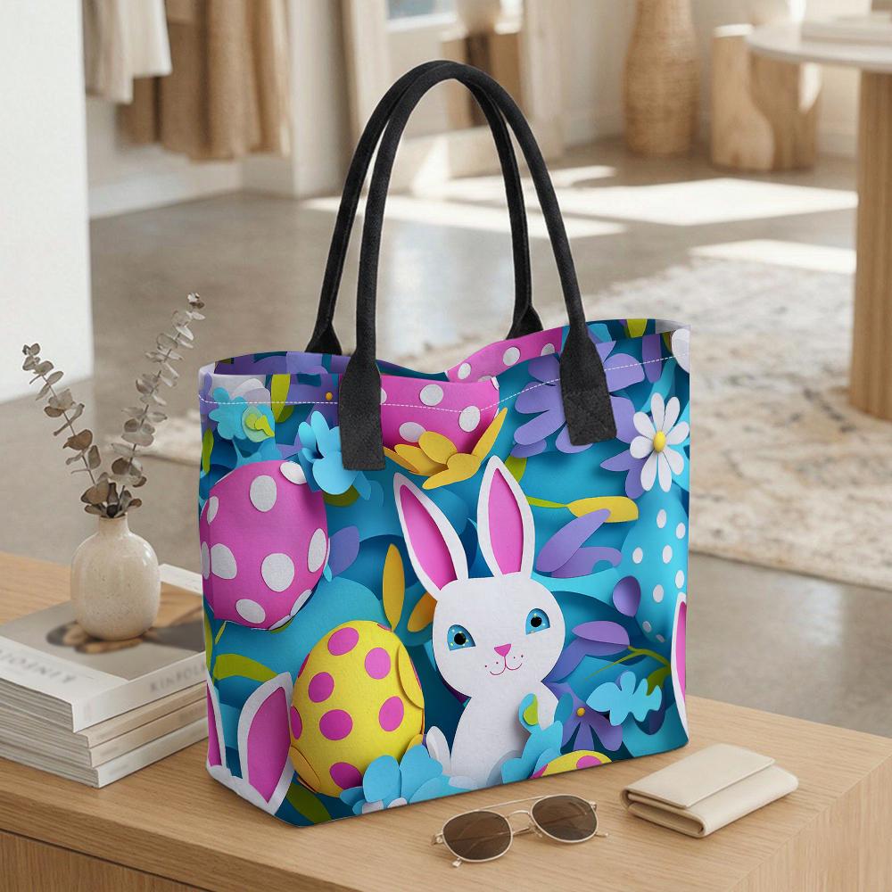 Easter Bunny Tote Bag Cute Printed Shoulder Handbag for Holiday Daily Use