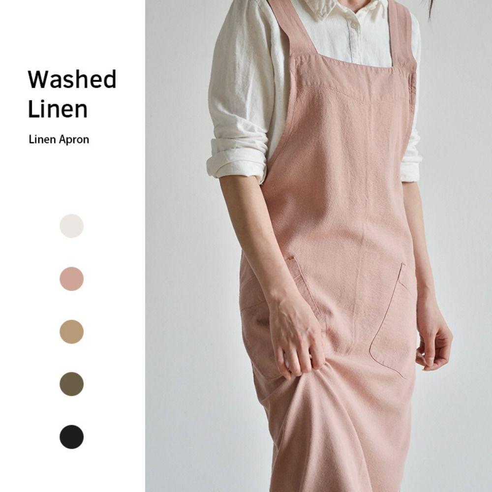 With Pockets Cross Back Apron Cotton Linen Pinafore Dress Durable Work Apron Baking Cooking BBQ