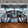 One piece a vibrant background cloth with a detailed view of the interior of a modern commercial aircraft cockpit