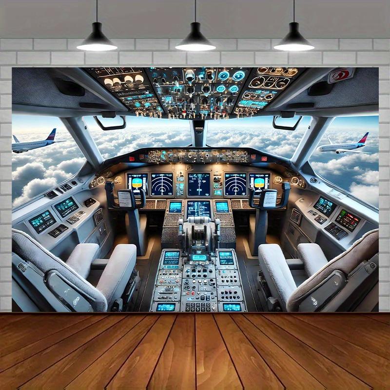 One piece a vibrant background cloth with a detailed view of the interior of a modern commercial aircraft cockpit