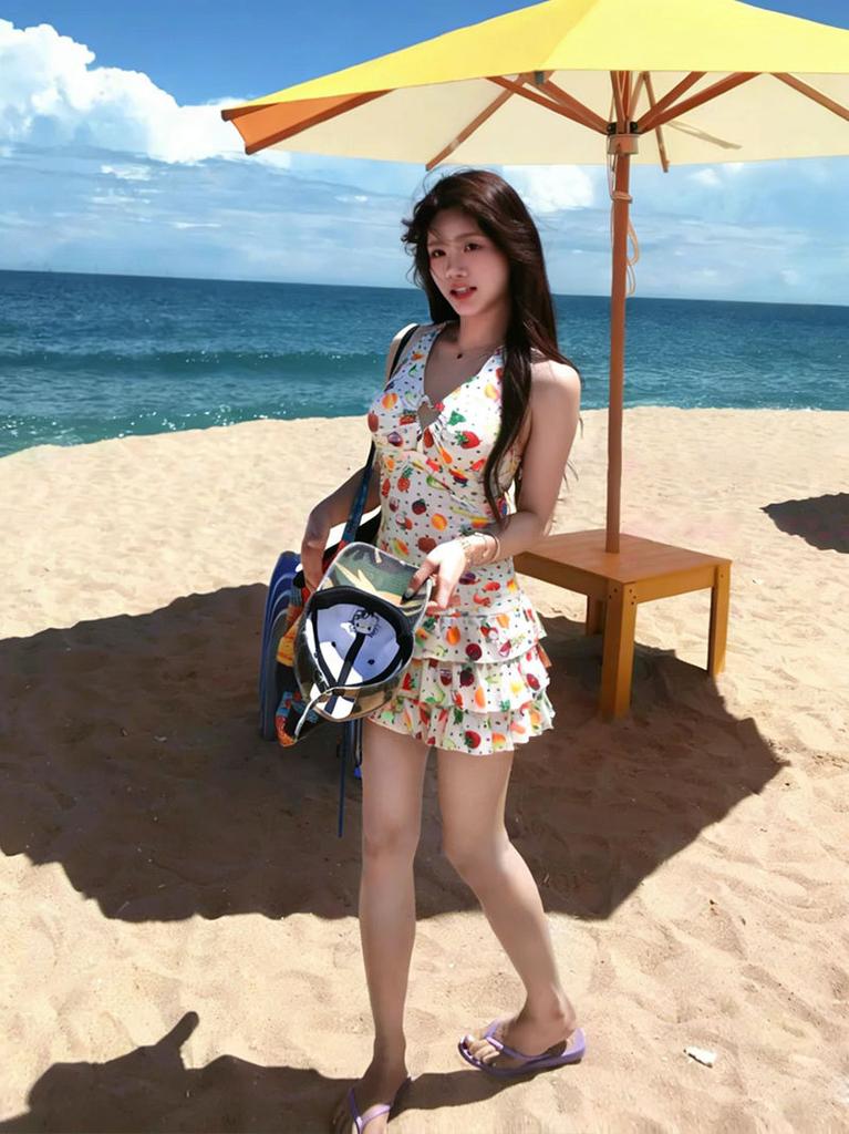 Thailand Seaside Vacation Swimsuit Split Dopamine Wear Neck Sling Vest High Waist Half Body Seaside Swimsuit